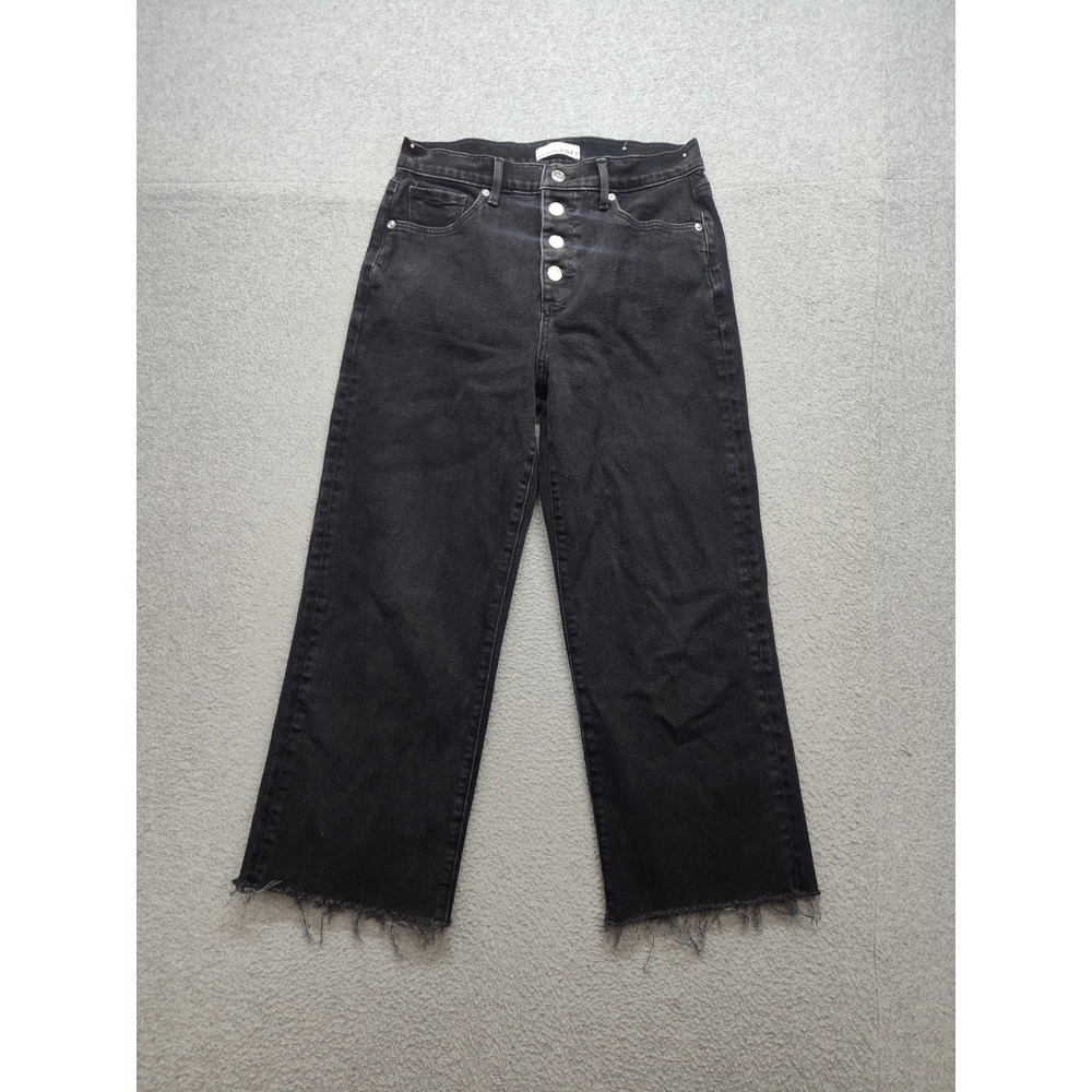 LOFT Women Jean 27/4 Black Denim Wide Leg High Rise Button Fly Distressed Hem
